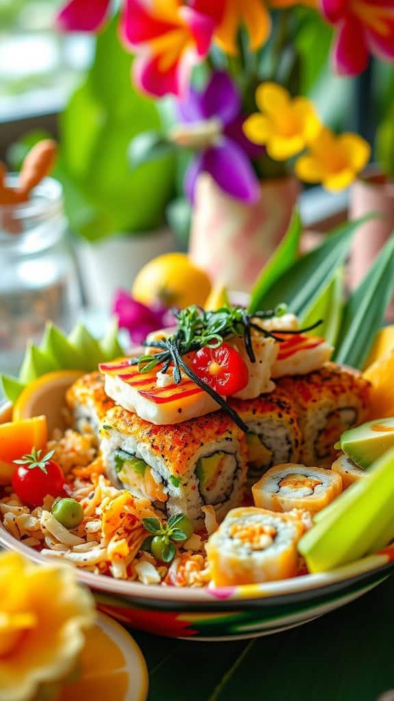 A colorful platter of Luau Sushi Bake with vibrant garnishes, showcasing a delightful Hawaiian party food.