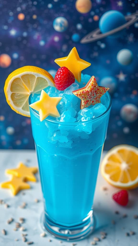 A vibrant blue lemonade slushie garnished with star-shaped fruit and raspberries