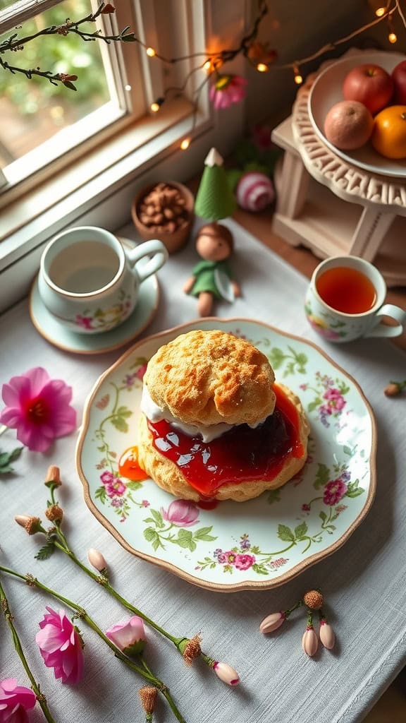 Plate of freshly baked scones with clotted cream and jam, surrounded by flowers and tea cups.