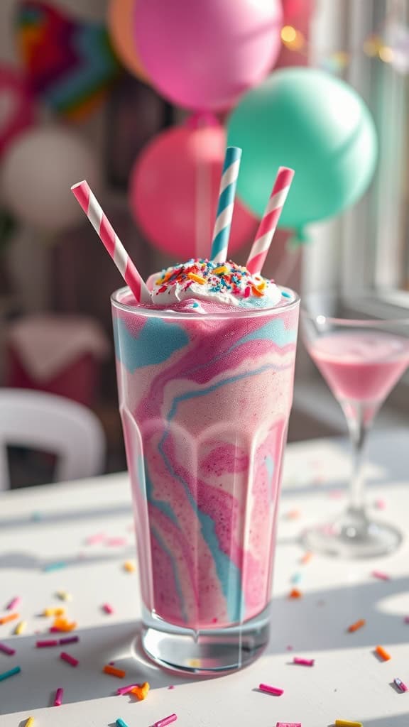 Colorful unicorn smoothie with pastel swirls in a tall glass, topped with whipped cream and sprinkles.