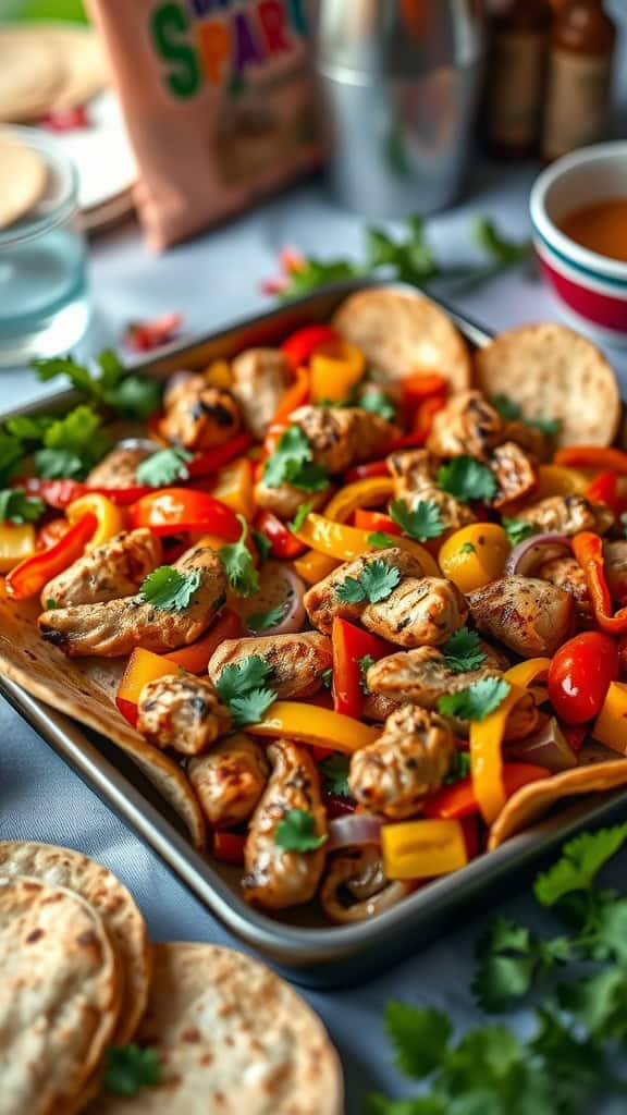 A vibrant dish of sheet pan chicken fajitas with colorful vegetables and garnished with cilantro.