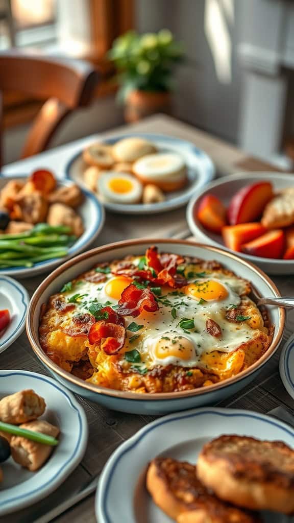 Delicious breakfast casserole with eggs, bacon, and vegetables.