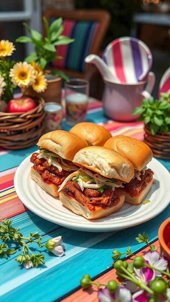 Mini BBQ pulled pork sliders on a plate, garnished with coleslaw.