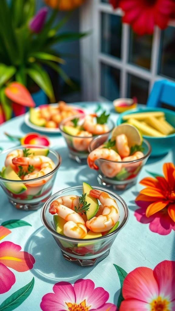 Chilled shrimp and avocado salad cups served on a colorful table