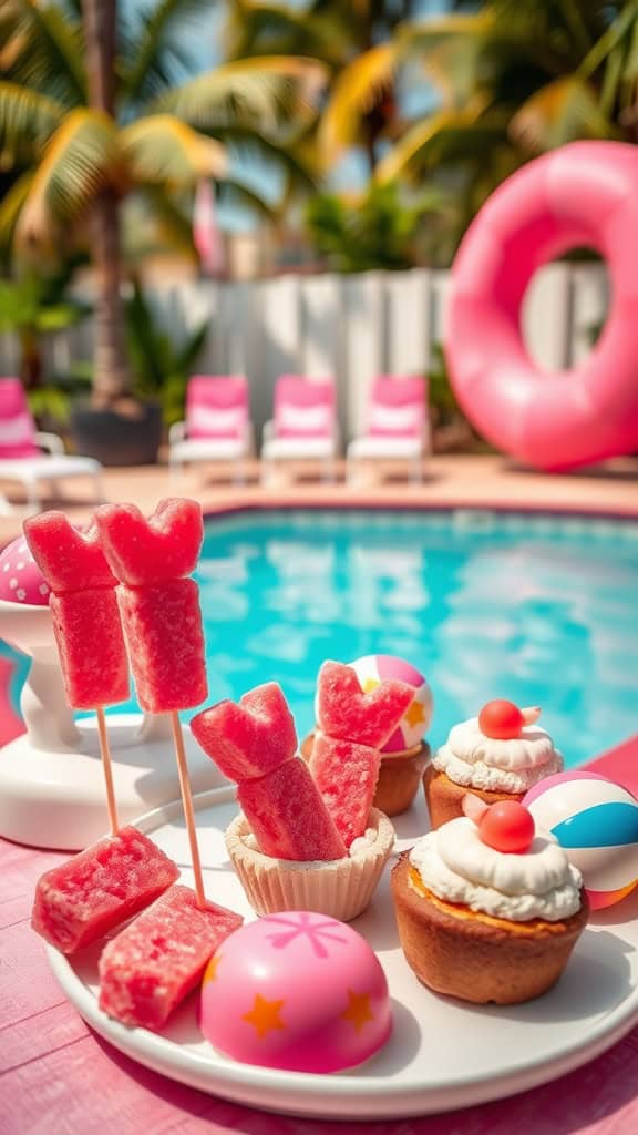 Colorful and fun Malibu Barbie Pool Party Snacks including watermelon skewers and yogurt cups.