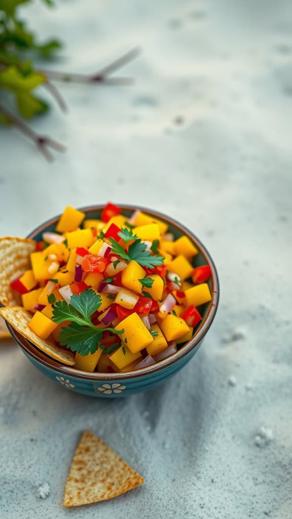 A bowl of mango salsa with tortilla chips on a sandy surface.