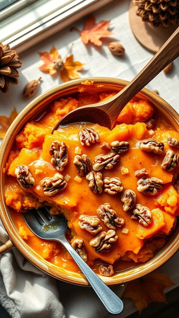 Maple Walnut Sweet Potato Casserole topped with walnuts