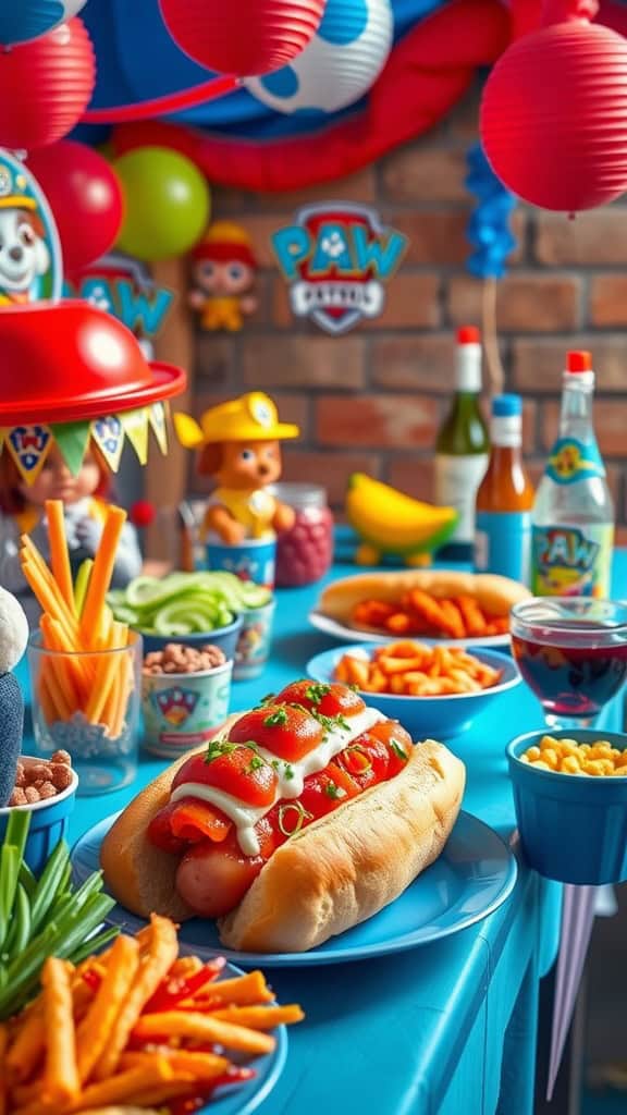 A colorful hot dog bar setup for a Paw Patrol themed party with various toppings and sides.