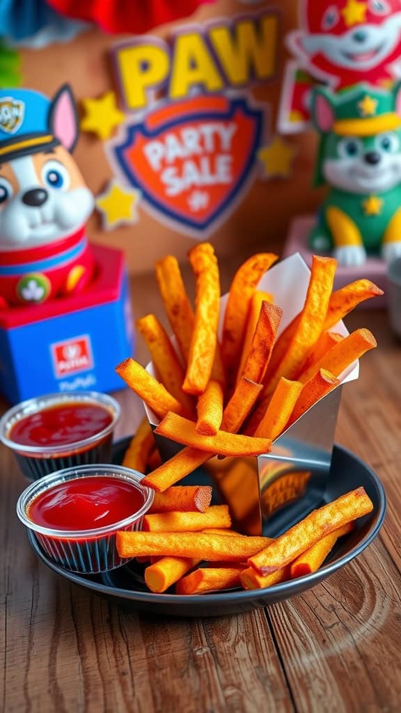 Plate of crispy sweet potato fries served with ketchup on the side, perfect for a Paw Patrol themed party.