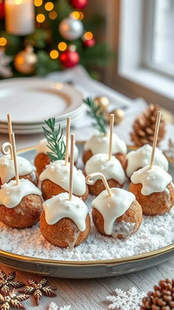 Whimsical meatballs resembling snowballs, drizzled with white sauce and topped with marshmallows on a festive platter.