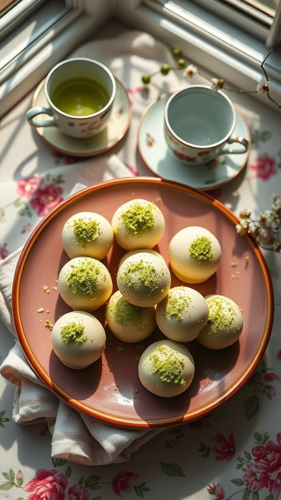 A plate of matcha white chocolate truffles dusted with matcha powder