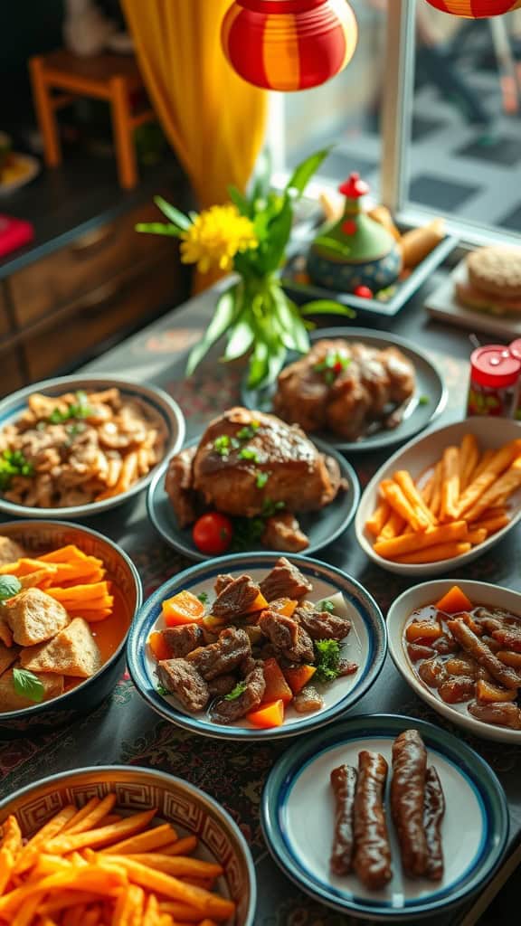 A vibrant display of Filipino party food featuring various meat dishes and sides.