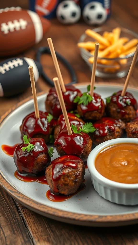 Delicious meatball bites with BBQ glaze on a platter, perfect for game day.