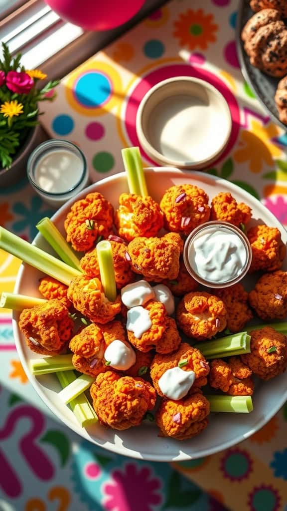 A platter of crispy cauliflower buffalo bites served with celery sticks and dipping sauce