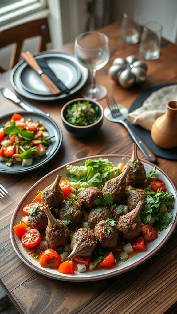 A platter of lamb koftas with tabbouleh salad, garnished with fresh herbs and colorful vegetables.