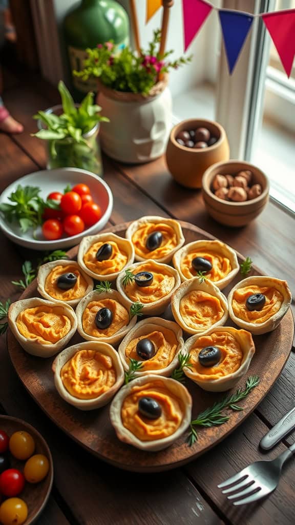 A platter of Mediterranean Hummus and Pita Cup Samplers topped with olives and herbs