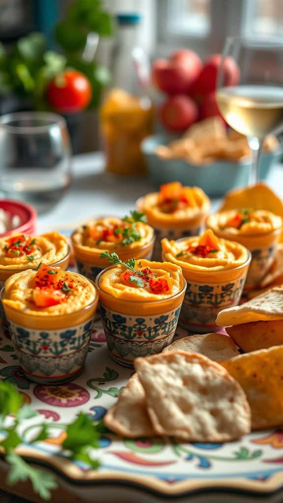 Mediterranean Hummus Cups served with pita chips on a decorative platter.