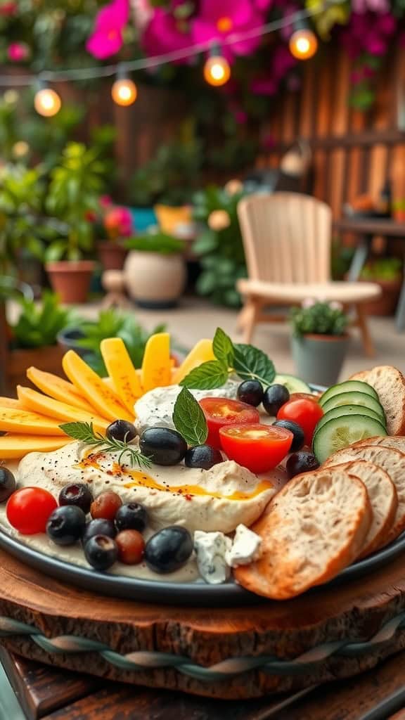 A colorful Mediterranean platter featuring hummus, olives, tomatoes, cucumber, feta cheese, assorted cheeses, grapes, and pita bread, garnished with fresh mint.