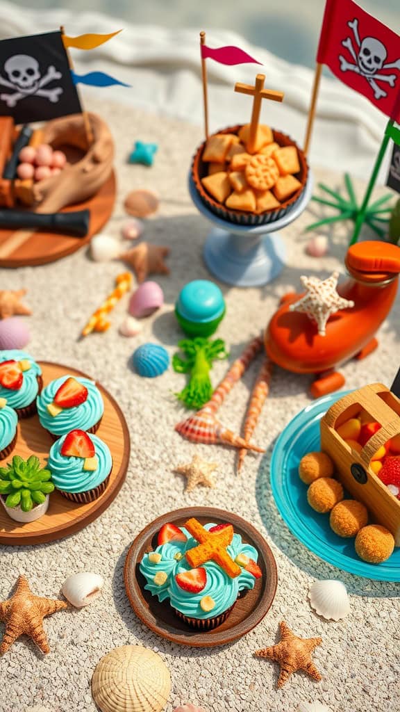 Colorful cupcakes with blue frosting, strawberries, and pirate-themed decorations.