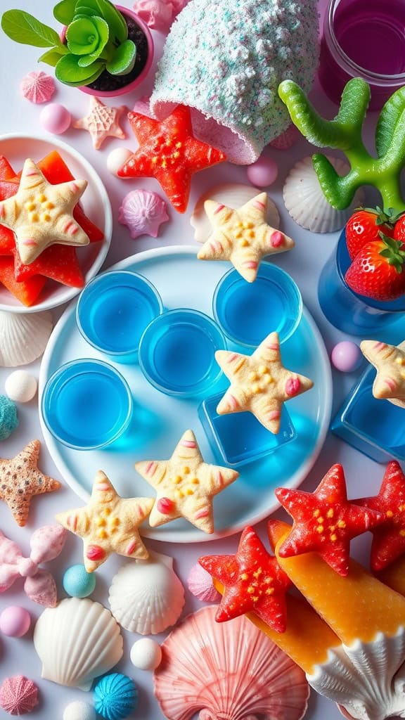 Ocean-themed snacks and desserts for a Mermaid Barbie party, featuring star-shaped cookies and jelly cups.