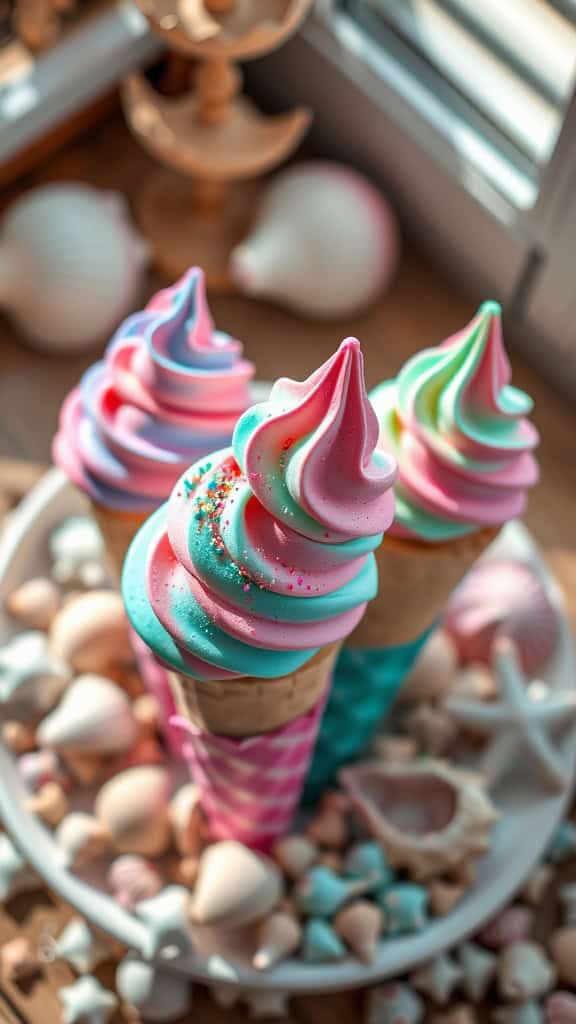 Three colorful ice cream cones with pastel swirls and edible glitter, surrounded by seashells.