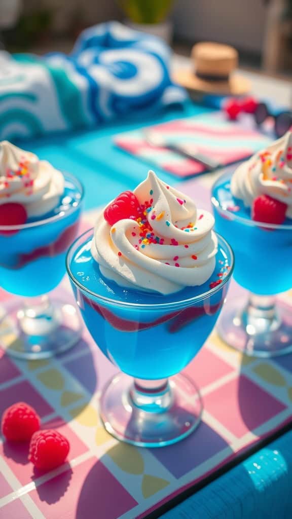 Colorful blue raspberry Jello cups topped with whipped cream and garnished with raspberries and sprinkles.