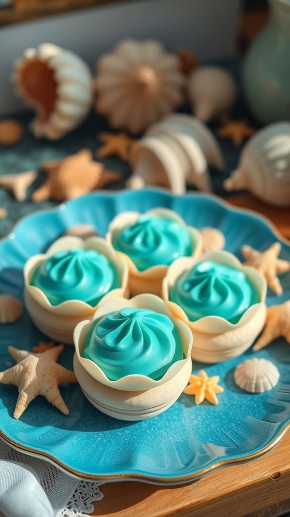 Elegant seashell-shaped macarons with ocean-blue filling