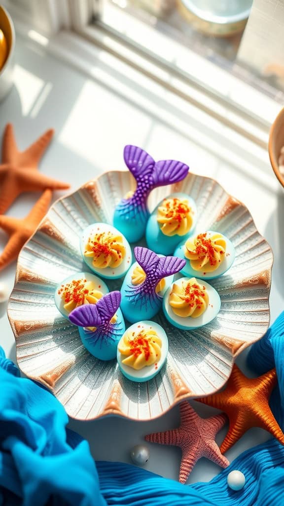 Colorful deviled eggs decorated like mermaid tails, perfect for a themed party.