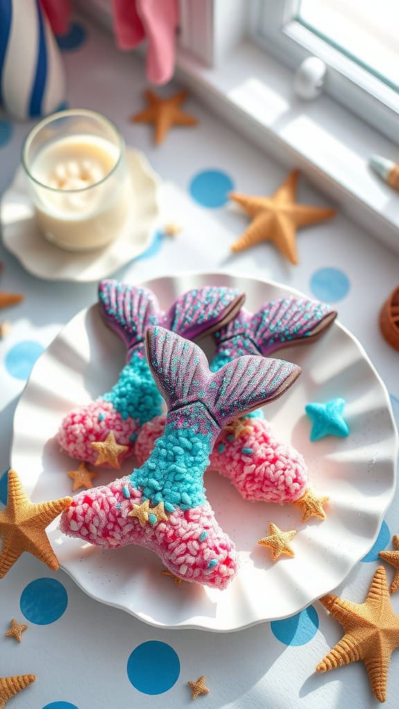 Colorful mermaid tail rice krispies dipped in chocolate and decorated with sprinkles.