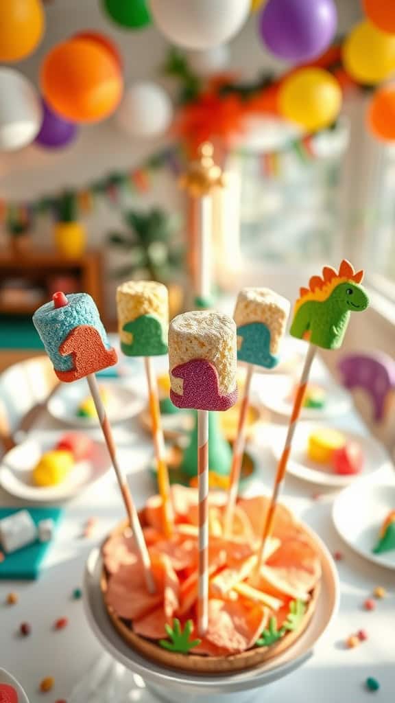 Colorful marshmallow pops decorated with dinosaur-themed designs on sticks