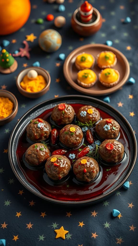 A plate of meatballs in a red sauce, decorated with colorful toppings, set against a starry backdrop.