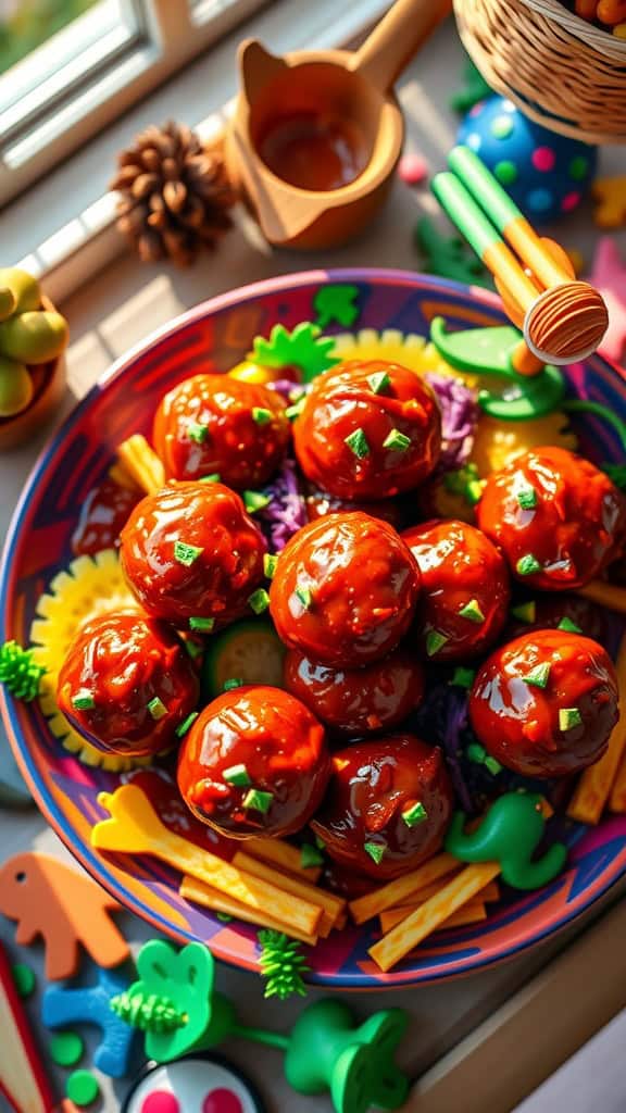 A colorful plate of mini meatballs with smoky BBQ sauce, garnished with green onions.