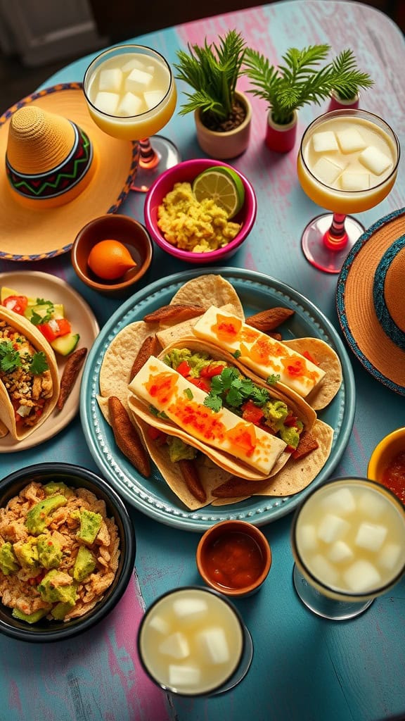 Mexican-inspired food setup with tacos, guacamole, and drinks for a festive bachelorette party.