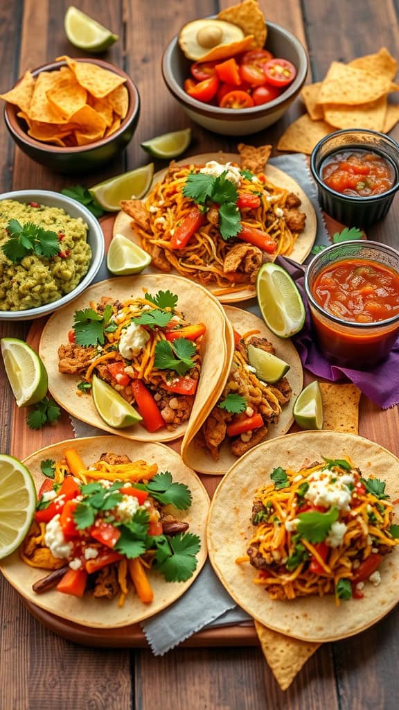 A colorful spread of tacos with toppings and sides.