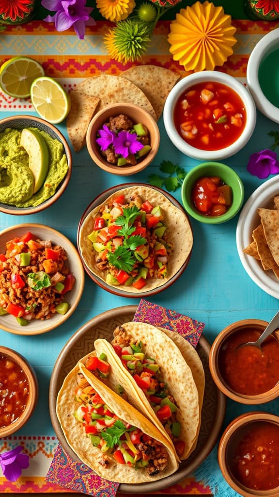 A vibrant spread of Mexican-inspired engagement party food including tacos, guacamole, salsa, and colorful toppings.