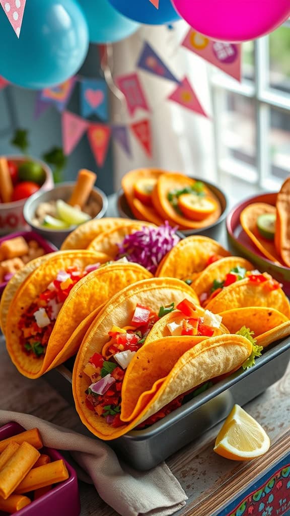 Taco bar setup for a gender reveal party with colorful toppings and shells.