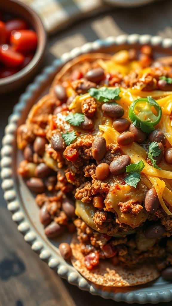 A delicious Mexican casserole topped with beans, cheese, and green garnish.