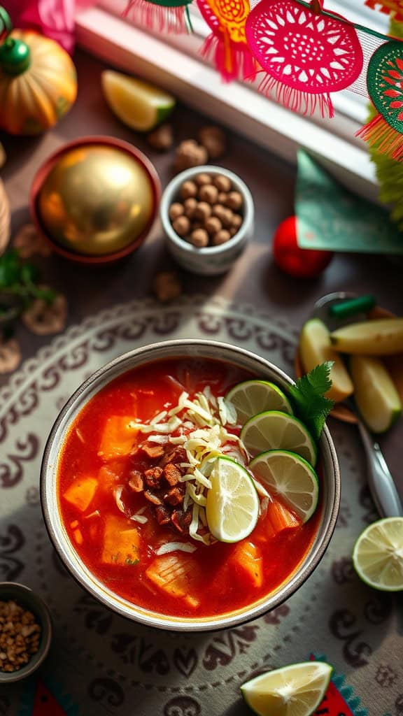 A bowl of Pozole Rojo with toppings, showcasing a vibrant red broth and various garnishes.