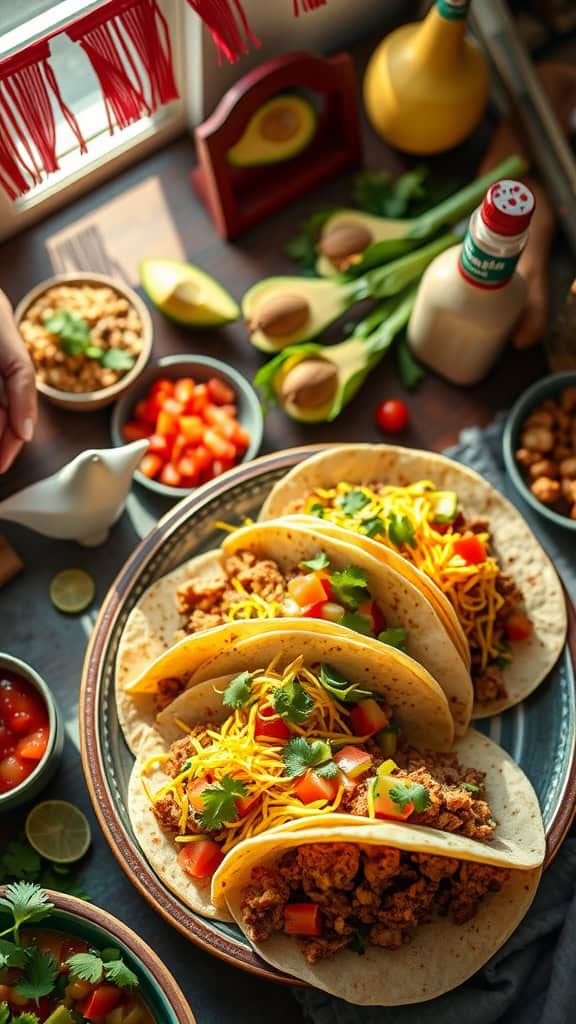 A colorful taco bar setup with tortillas and various fresh toppings.