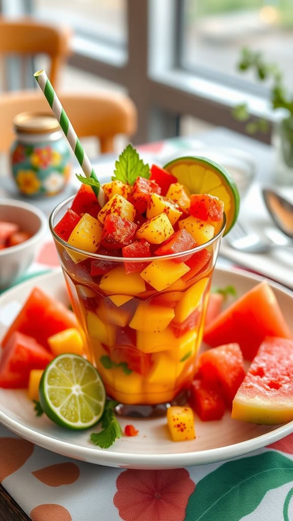 A vibrant Mexican fruit cup with mango, watermelon, and lime, garnished with mint.