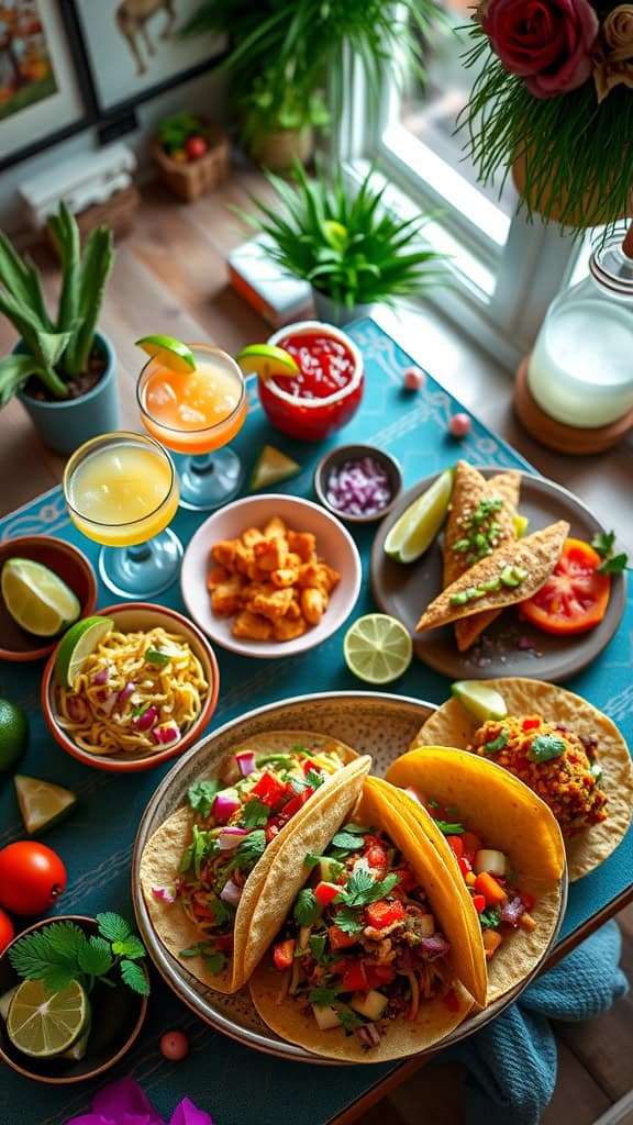 Tacos with fresh toppings, served with lime and margaritas