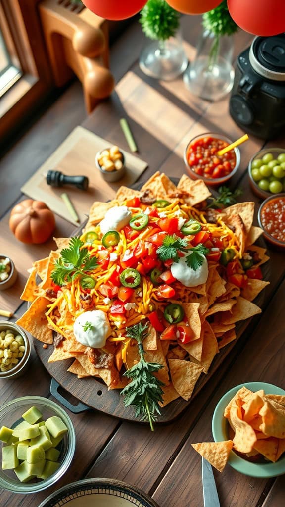 A colorful spread of build-your-own nachos with various toppings.