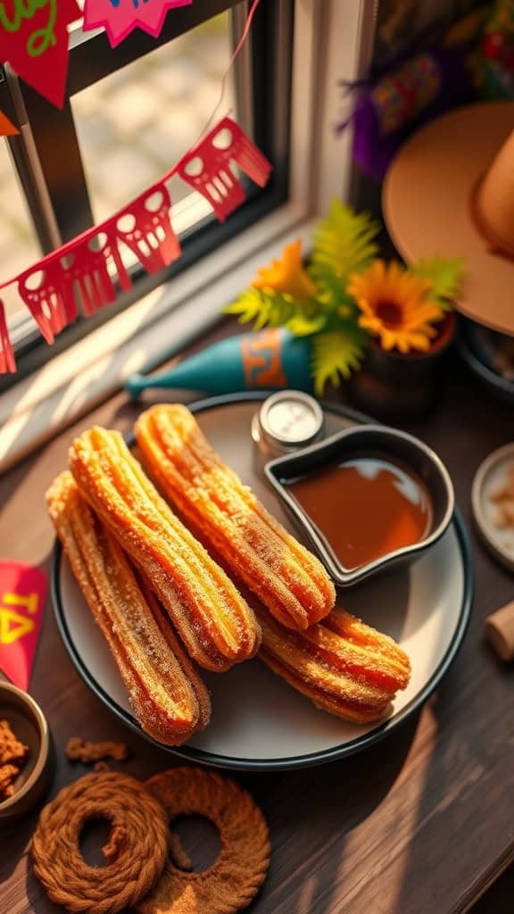 A plate of churros with a small bowl of chocolate sauce