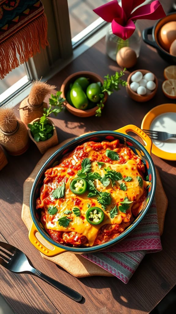 A delicious enchilada bake, layered with tortillas, filling, and topped with cheese and cilantro.