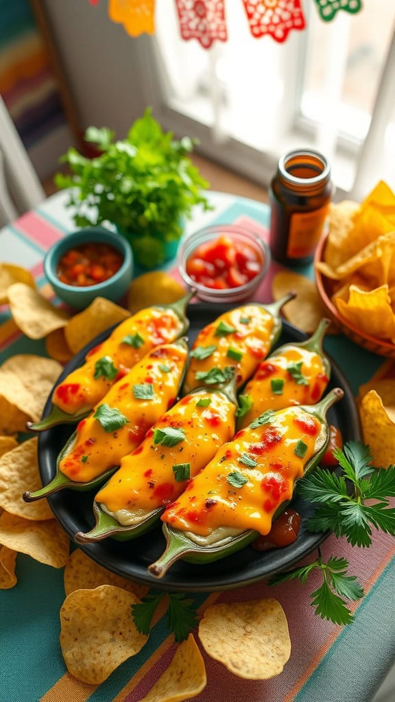 A plate of stuffed jalapeños topped with melted cheese and garnished with green onions, served with tortilla chips.