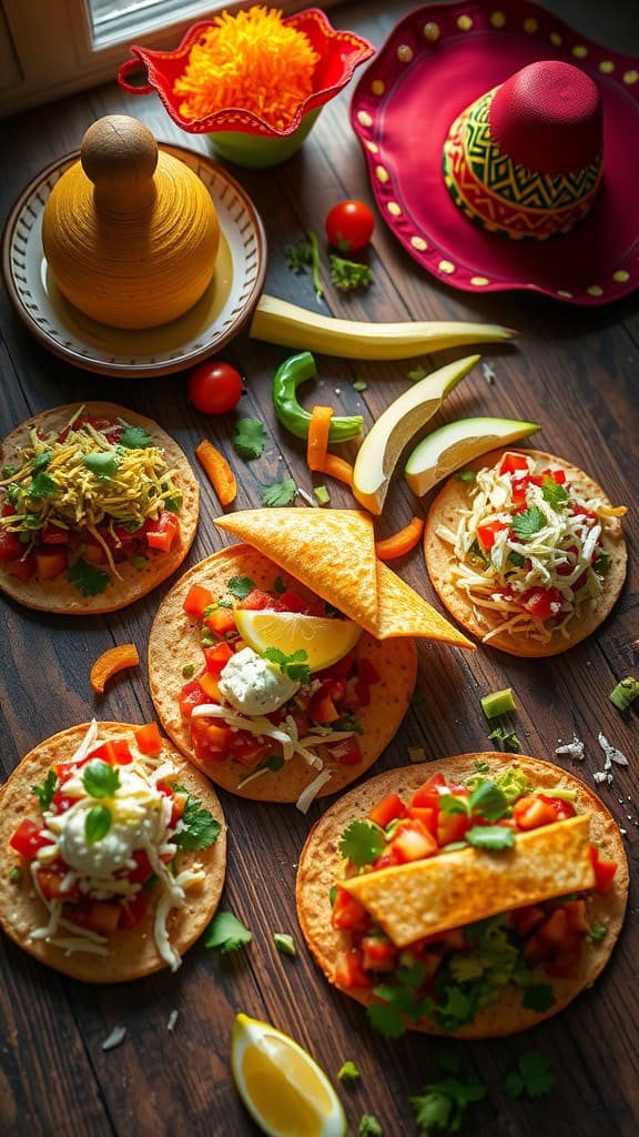 A variety of colorful and topped tostadas on a wooden table.