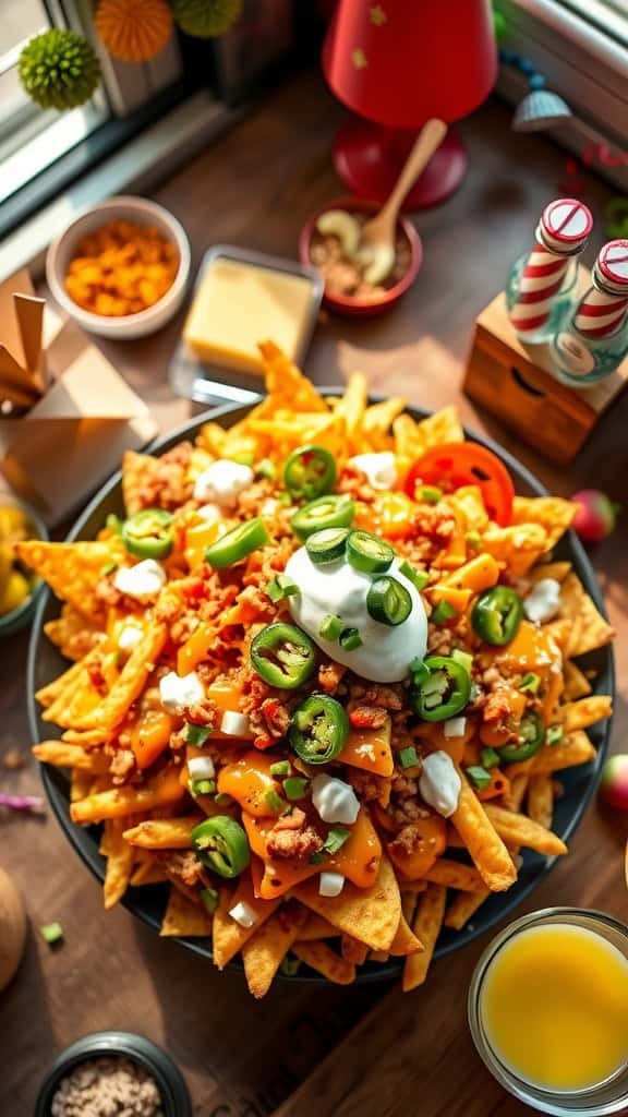 A delicious platter of loaded nacho fries topped with cheese, jalapeños, and sour cream.