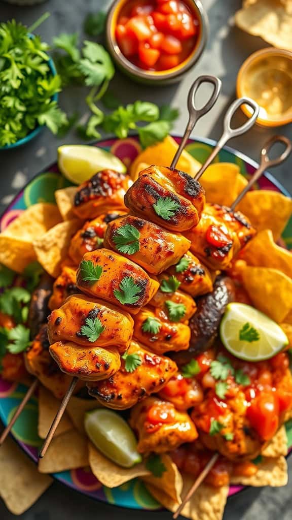 Chipotle chicken skewers served with tortilla chips and garnished with cilantro and lime.