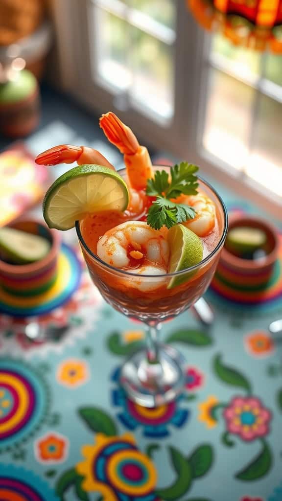 A colorful and refreshing bowl of Mexican shrimp cocktail ready for a fiesta.