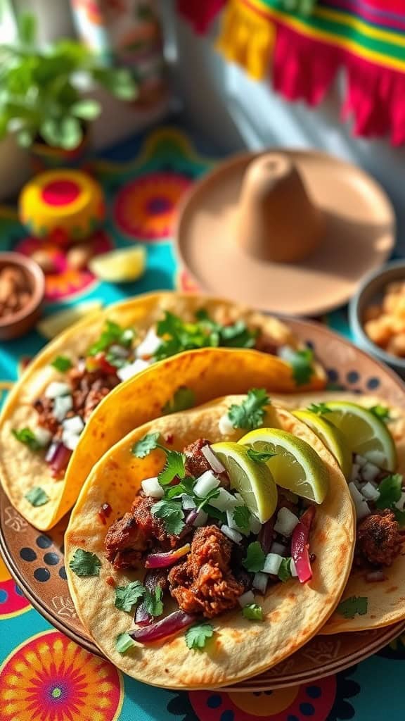 Colorful spread of Mexican street tacos with carne asada topped with onions and cilantro, served with lime wedges.